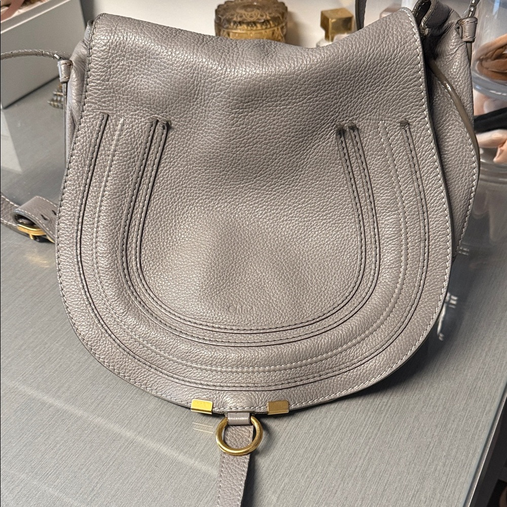 Chloe Gray Pebbled Leather Crossbody Saddle Bag with Gold Hardware